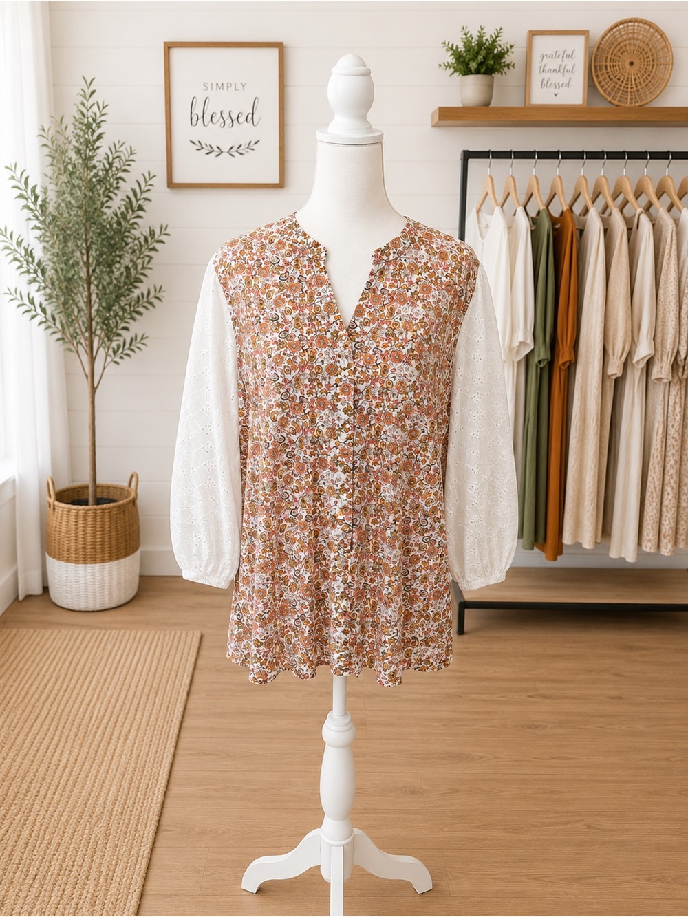 Halston Floral & Paisley Eyelet Sleeve Cotton Top | XL